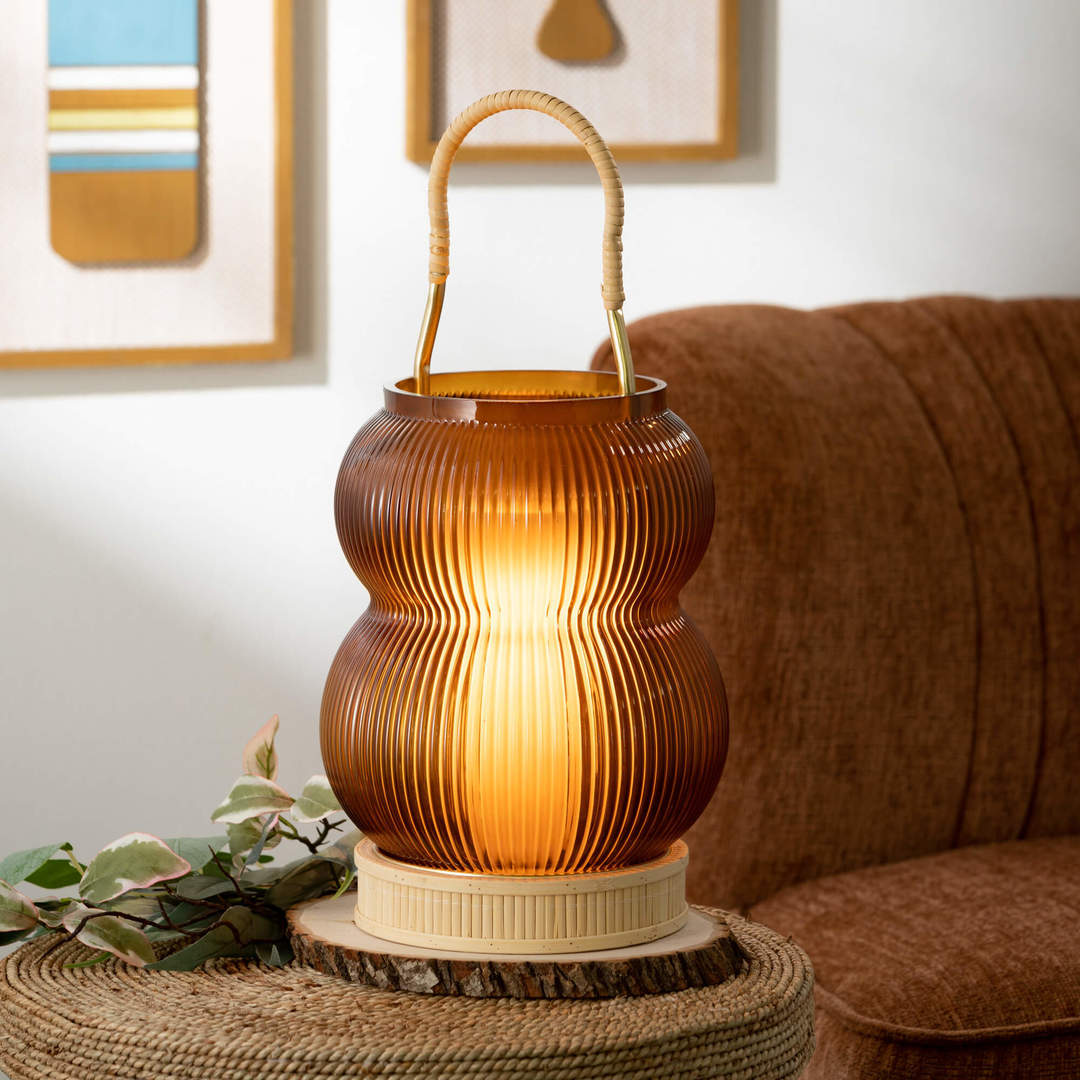 Amber Glass Lantern Candle Holder Set