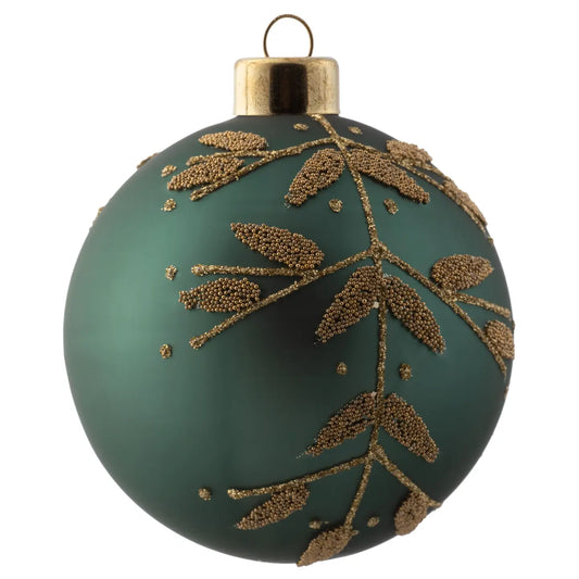 Glitter Leaf Glass Ball Ornament - Jade Green