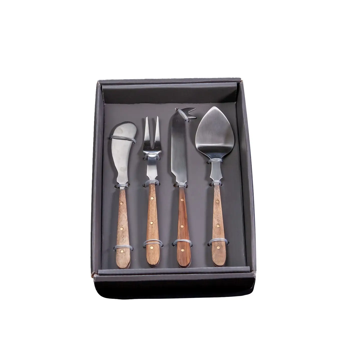 Set of 4 Silver Cheese Set w/ Wood Handles in Giftbox - Natural Stainless Steel