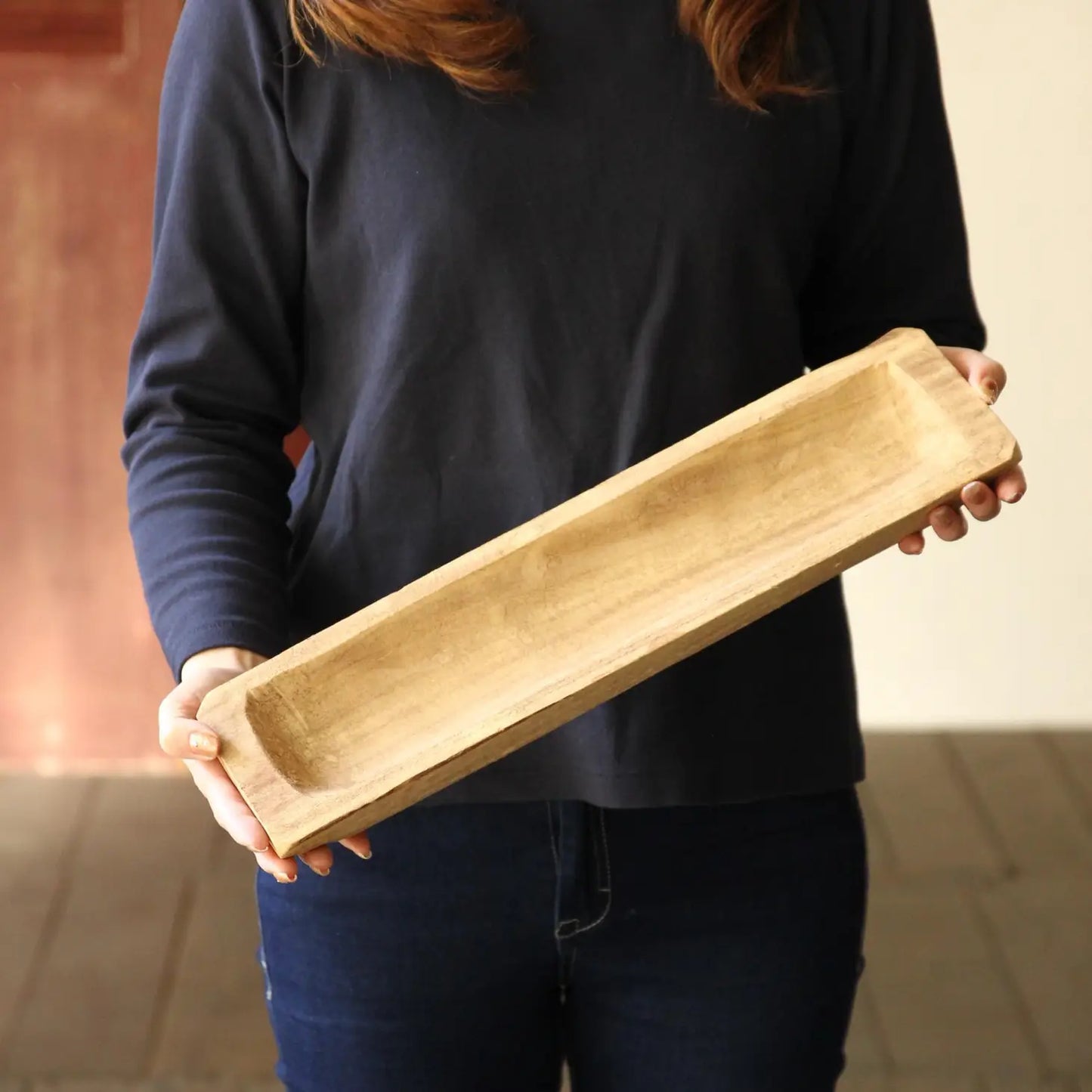 Long Carved Natural Wood Tray